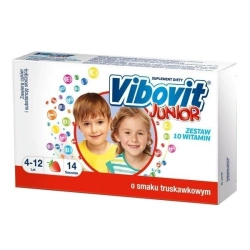 Vibovit Junior Dla Dzieci Witaminy i Minerały Smak Truskawkowy 4-12 lat 14 Saszetek