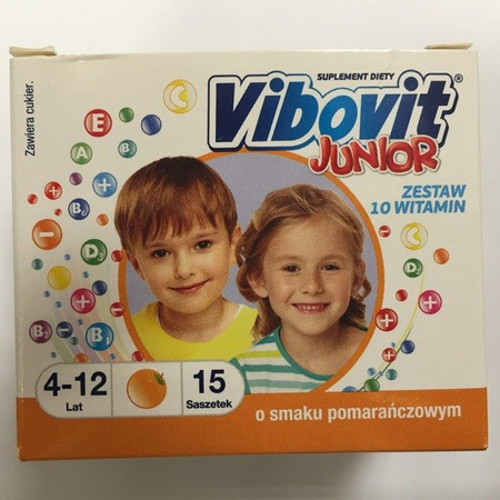 Vibovit Junior Dla Dzieci Witaminy i Minerały Smak Pomarańczowy 15 Saszetek